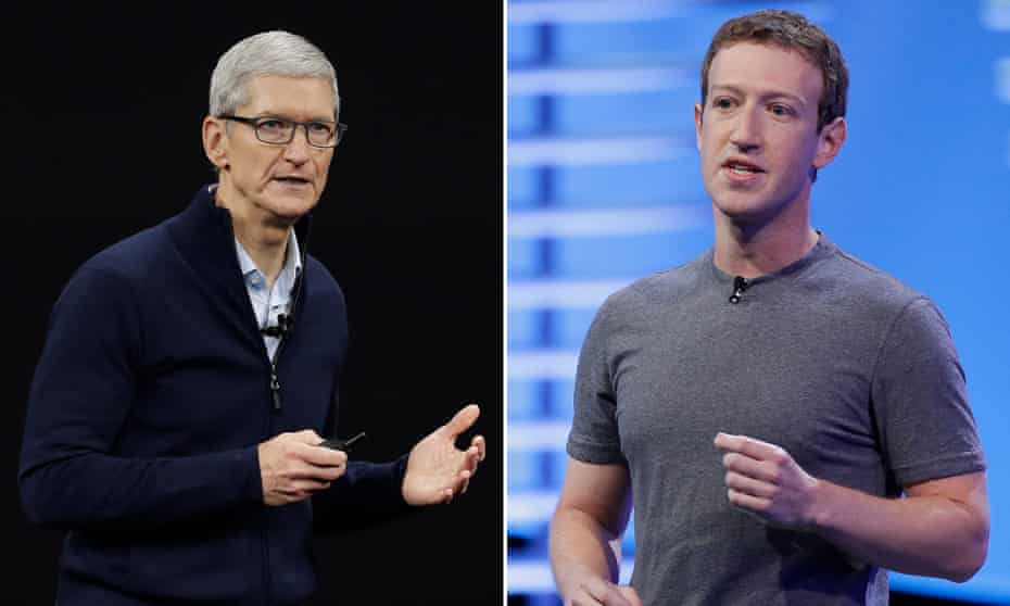 Composite photograph of Tim Cook and Mark Zuckerberg