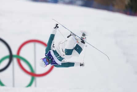 Cooper Woods takes to the air during the men’s moguls final.