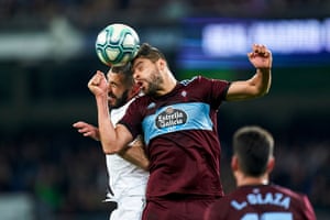 Celta’s Nestor Araujo goes up for a header.