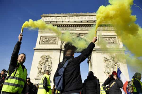 Gilets jaunes protesters gather at the Arc de Triomphe in Paris on 16 February 2019.