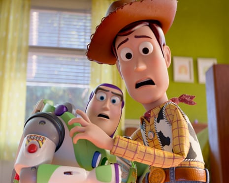 Buzz Lightyear and Woody look shocked in an animated scene from Toy Story 5