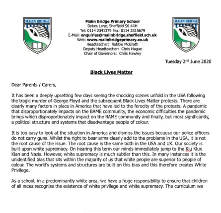 Part of the letter that Robbie McGrath, headteacher at Malin Bridge primary school, sent to parents last week.