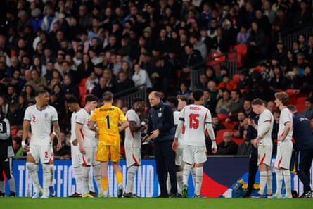 Thomas Tuchel dishes out instructions to his players during England’s friendly against Japan at Wembley in March