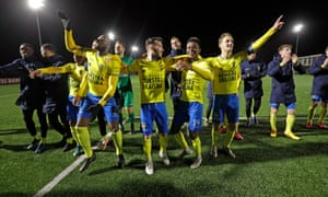 Cambuur players celebrate their victory over Alkmaar II in March just before the coronavirus outbreak.