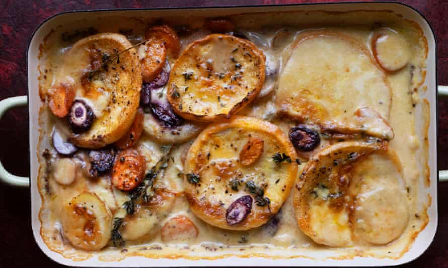 Gratin of root vegetables and mustard