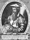 Black and white drawing of a bearded man holding a globe