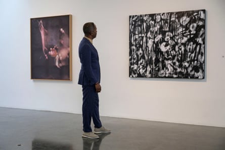 A man looks at modern art.