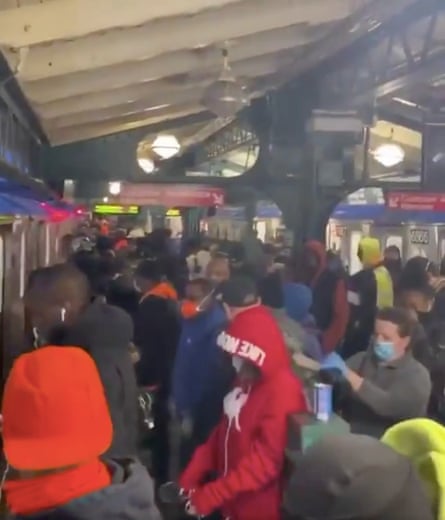 A screen grab of a video showing a crowded subway in New York, NY.