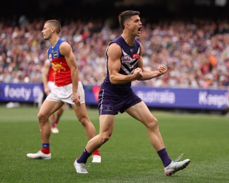 Patrick Voss celebrates after kicking a goal for Fremantle