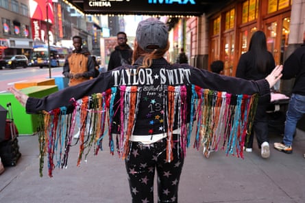 One fan outside a screening of Swift’s concert film.