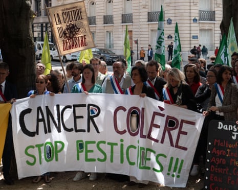 Protesters in front of the National Assembly hold up a sign that says ‘Stop Pesticides!’