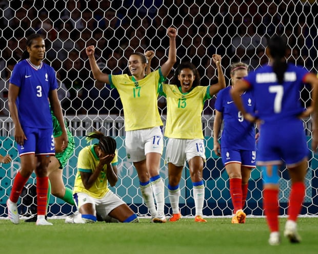 France suffer more tournament pain, going out to Brazil in the last eight of the Paris Olympics.