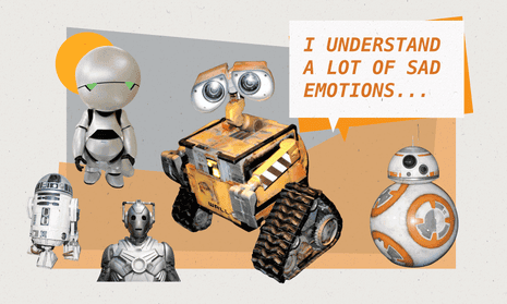 collage featuring r2-d2, marvin from the hitchhiker's guide to the galaxy, a Cyberman from Doctor Who, Wall-E and BB-8