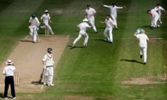 England celebrate victory by two runs at Edgbaston after Steve Harmison dismissed Michael Kasprowicz