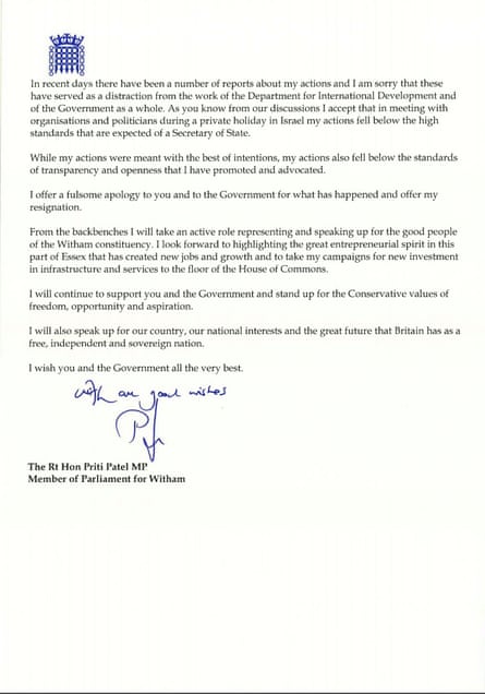 Priti Patel S Resignation Letter And Theresa May S Response In Full Priti Patel The Guardian