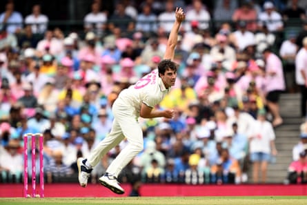 Pat Cummins bowling for Australia against India at the SCG in January this year.