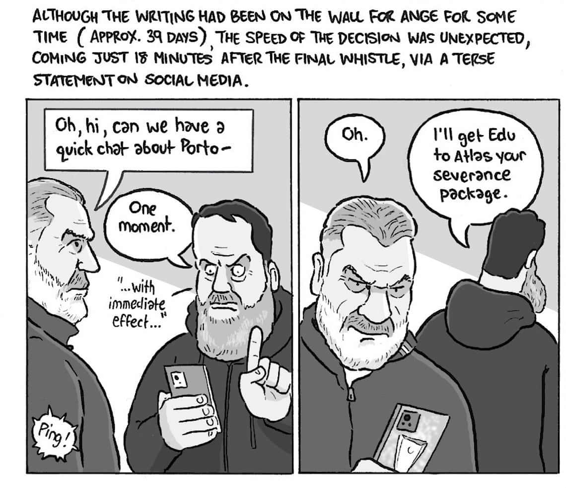 Detalhe da ilustração sobre a passagem de Ange Postecoglou