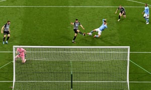Manchester City’s Ferran Torres scores their fourth goal and his hat-trick.