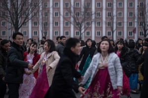 Pyongyang, North Korea
Performers take part in a mass dance to mark the 75th anniversary of the birth of premier Kim Jong-Il.