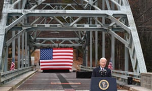Joe Biden speaks on infrastructure at the NH 175 bridge over the Pemigewasset River in Woodstock, New Hampshire.