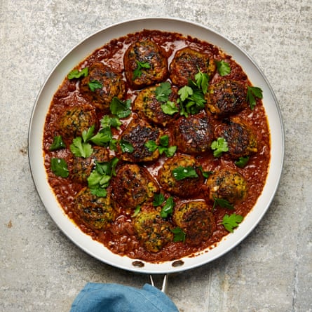 Yotam Ottolenghi’s courgette and chickpea meatballs in spicy tomato sauce.