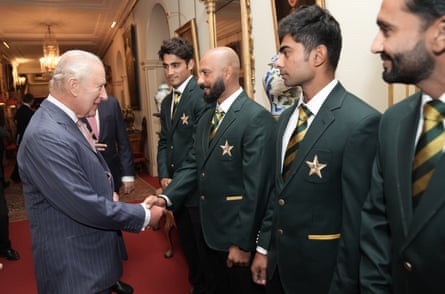 Britain's King Charles III meets Sajid Khan and members of the Pakistan National Cricket Team during an audience with the team at Clarence House in London