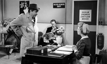 Tony Hancock in the famous Hancock blood donor episode, 1961, with Frank Thornton, centre, and June Whitfield as the nurse.