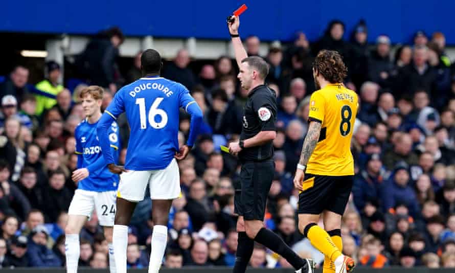 Jonjoe Kenny receives his second-half red card for Everton