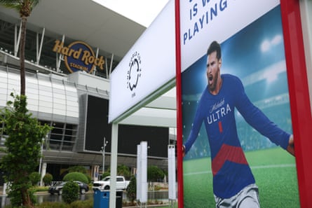 An advertising billboard shows Inter Miami's Lionel Messi outside the Hard Rock Stadium in Miami Gardens.