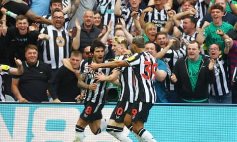 Newcastle United's Sandro Tonali celebrates scoring their first goal with Bruno Guimaraes and Anthony Gordon.