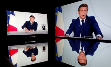 The French president, Emmanuel Macron, addresses the nation about the coronavirus crisis on national TV.
