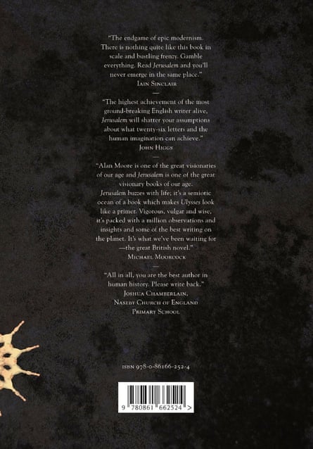 The back of the cover for Alan Moore’s Jerusalem, with Joshua’s quote at the end.