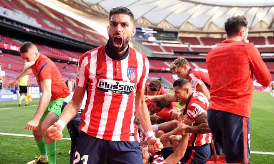 Yannick Carrasco celebrates after setting up Luis Suárez’s winner.