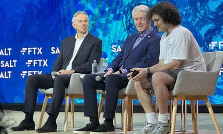 Blair with Bill Clinton and the now disgraced cryptocurrency fraudster Sam Bankman-Fried on stage at the Crypto Bahamas conference in 2022.