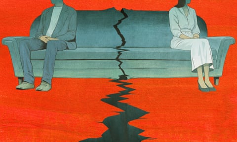 a couple on a couch splitting in half