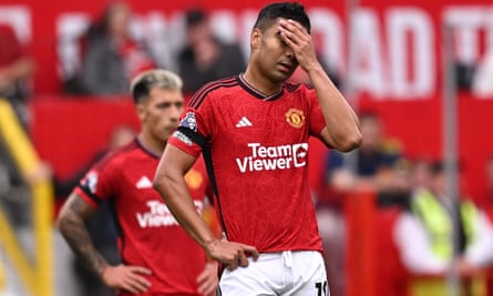 16 September 2023Manchester United’s Brazilian midfielder Casemiro reacts to going two goals behind against Brighton at Old Trafford. Brighton won 3-1.