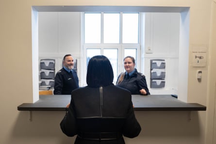 Shabana Mahmood chats to staff at Sjælsmark returns centre.