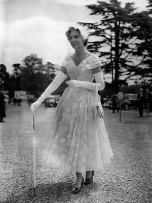 Miss Genevieve Lord from Australia, wearing a layered organza dress at Ascot races, June 1954.