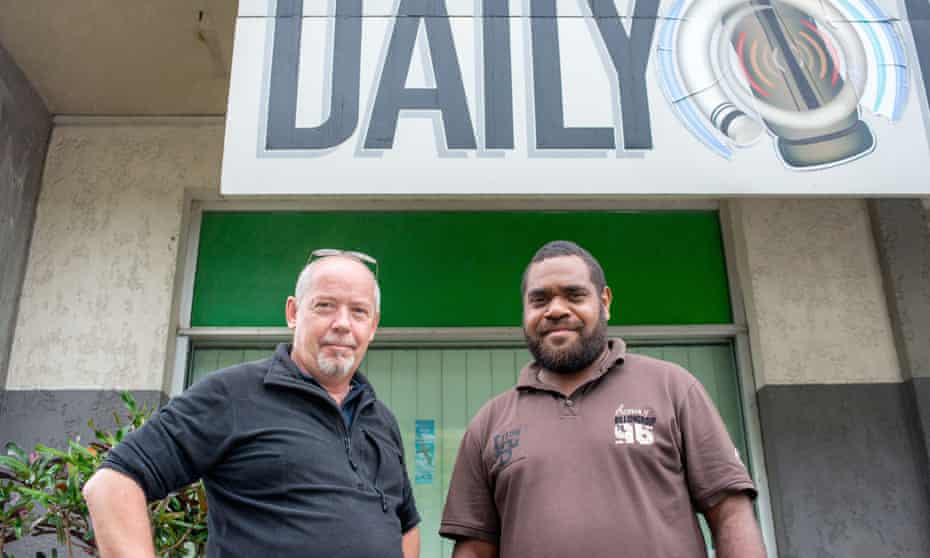 Dan McGarry (left) outside the offices of Vanuatu’s Daily Post in Port Vila.