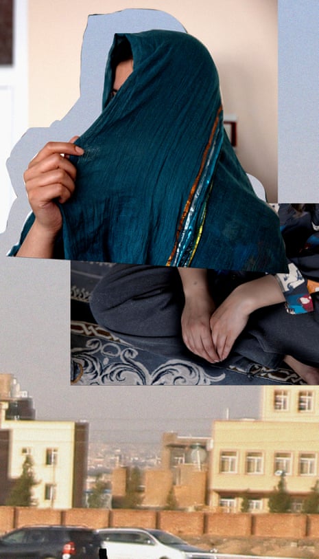 A composite of an Afghan woman in a blue veil