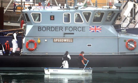 Border Force officers in a small rowing boat that was towed to Dover after being used by a group of men thought to be migrants, 16 June 2020.