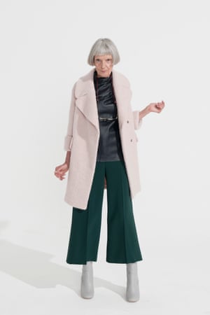 pale pink coat Whistles, shiny black top Cos, green cropped flared trousers Topshop, pale grey boots New Look