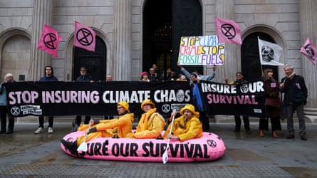 Extinction Rebellion protest in front of the Bank of England calling on the insurance industry to stop insuring fossil fuel, 28 October 2024.