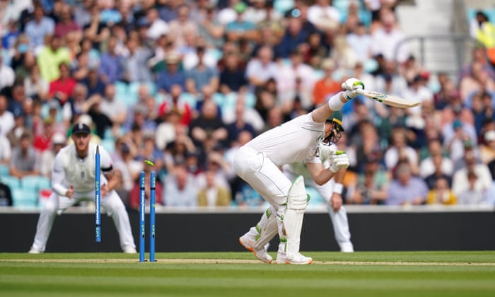 South Africa's Dean Elgar is dismissed by England's Ollie Robinson.