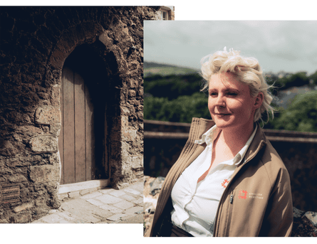A door at the castle; Harley in the grounds