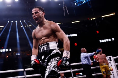 Yoenis Tellez celebrates his third-round TKO win over Sergio García on Saturday night in Las Vegas.