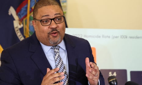 The Manhattan district attorney, Alvin Bragg, speaks during a news conference at his office in New York City in February.