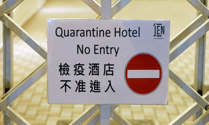 A sign is seen inside a quarantine hotel in Hong Kong.