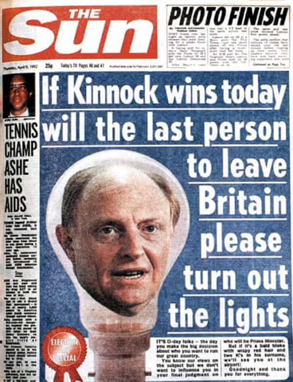 The famous 1992 front page of Neil Kinnock’s head inside a bulb.
