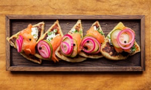 Potato farls with smoked salmon and pickled cucumber.